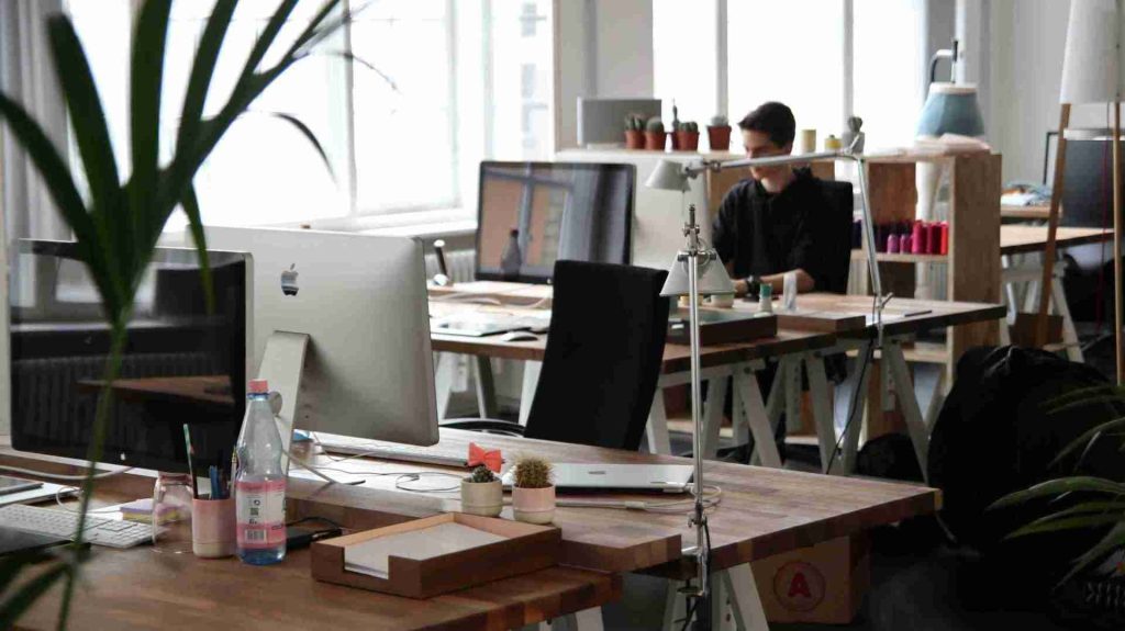 Open office with wooden desks, computer monitors, and various office supplies. A person works at a desk in the background. The space is decorated with plants and has large windows allowing natural light to fill the room.
