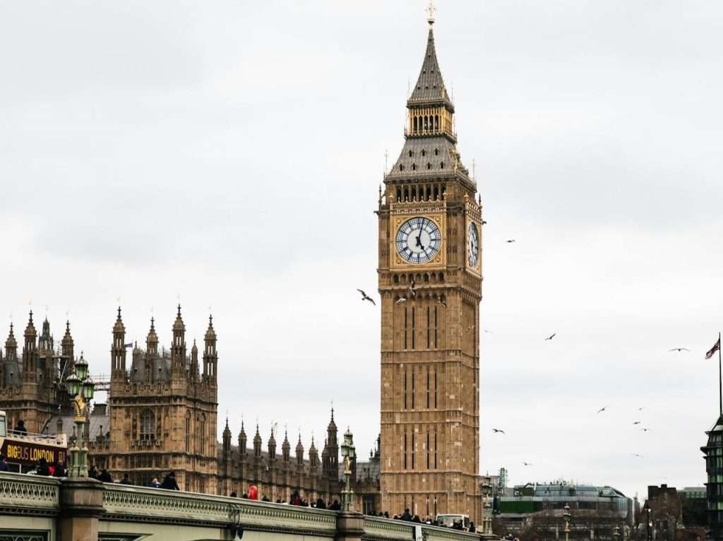 The image shows the iconic Big Ben clock tower in London on a cloudy day. Surrounding the clock tower are other historic buildings of the Houses of Parliament, with several birds flying nearby. The scene captures a classic view of central London's architecture.