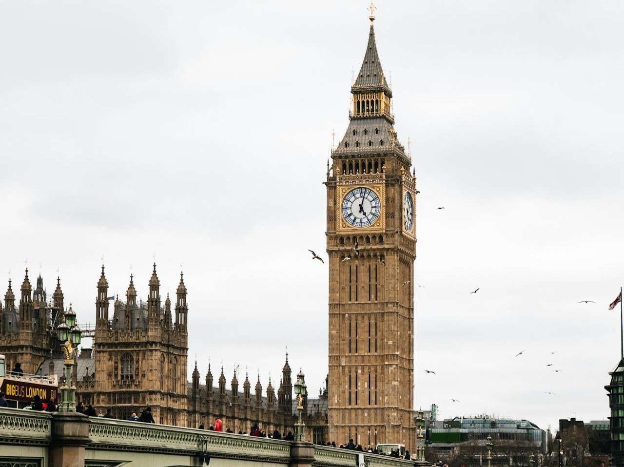The image shows the iconic Big Ben clock tower in London on a cloudy day. Surrounding the clock tower are other historic buildings of the Houses of Parliament, with several birds flying nearby. The scene captures a classic view of central London's architecture.