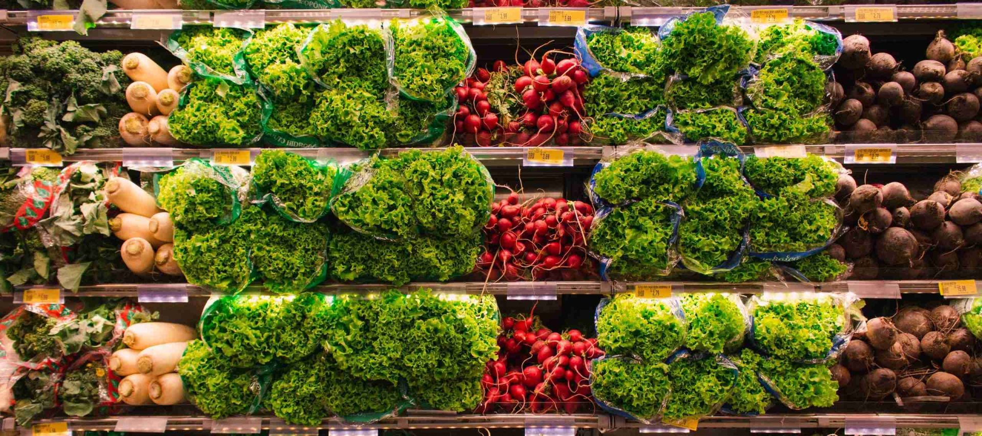 Grocery store produce section with shelves filled with fresh greens, including bags of lettuce and bunches of radishes. The vibrant green and red vegetables are neatly arranged in rows under bright lighting.