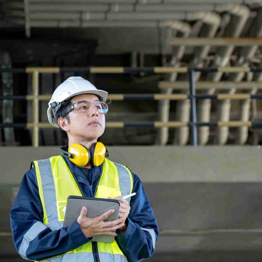 An industrial worker wearing a white hard hat, safety glasses, yellow ear protection, and a high-visibility safety vest holds a clipboard and pen, looking upward thoughtfully. Behind him is a complex set of pipes and industrial fittings.